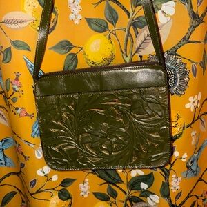 Patricia Nash Ilina Floral Tooled Olive Gold Crossbody Purse